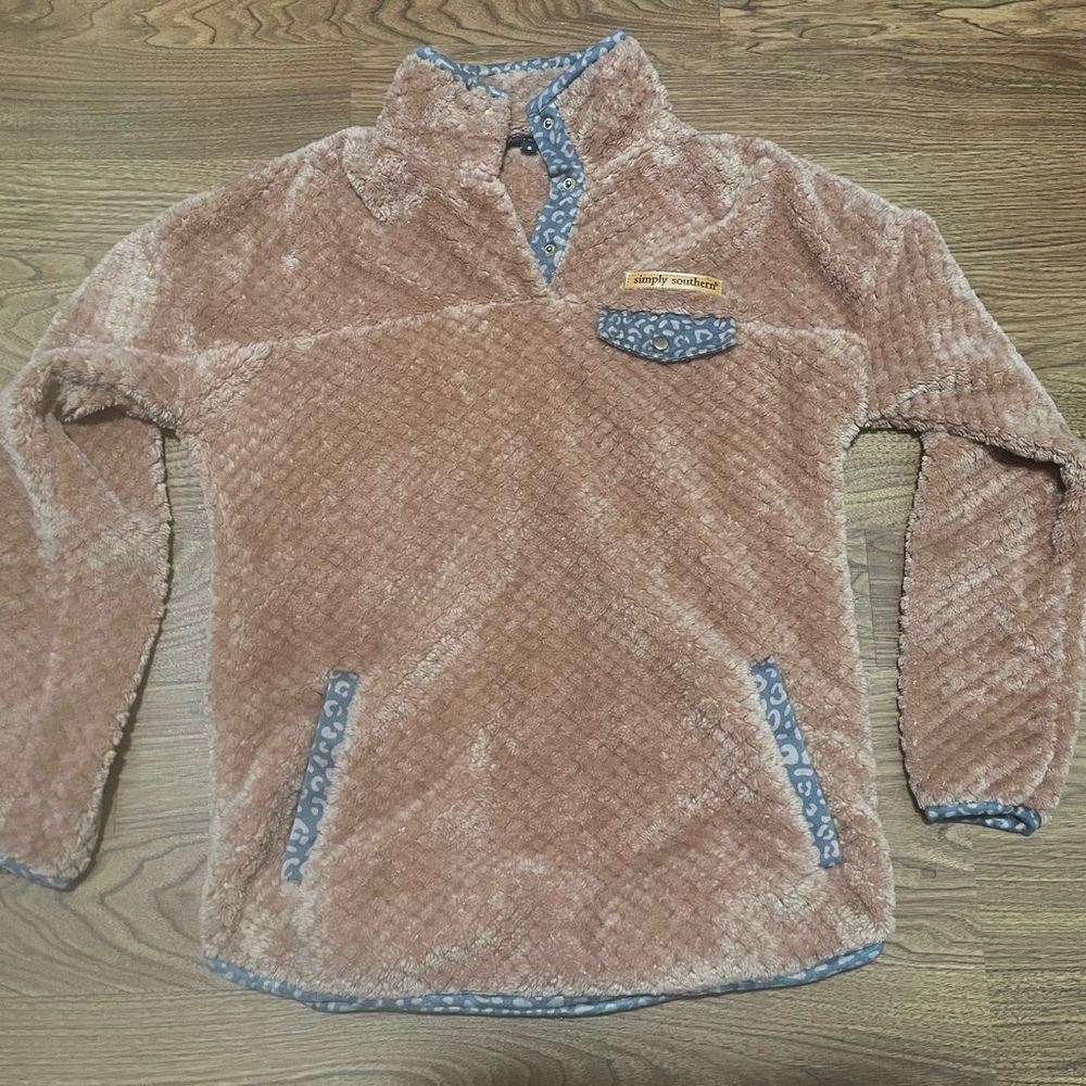 Simply Southern Fuzzy Tan Pullover with leopard trim
